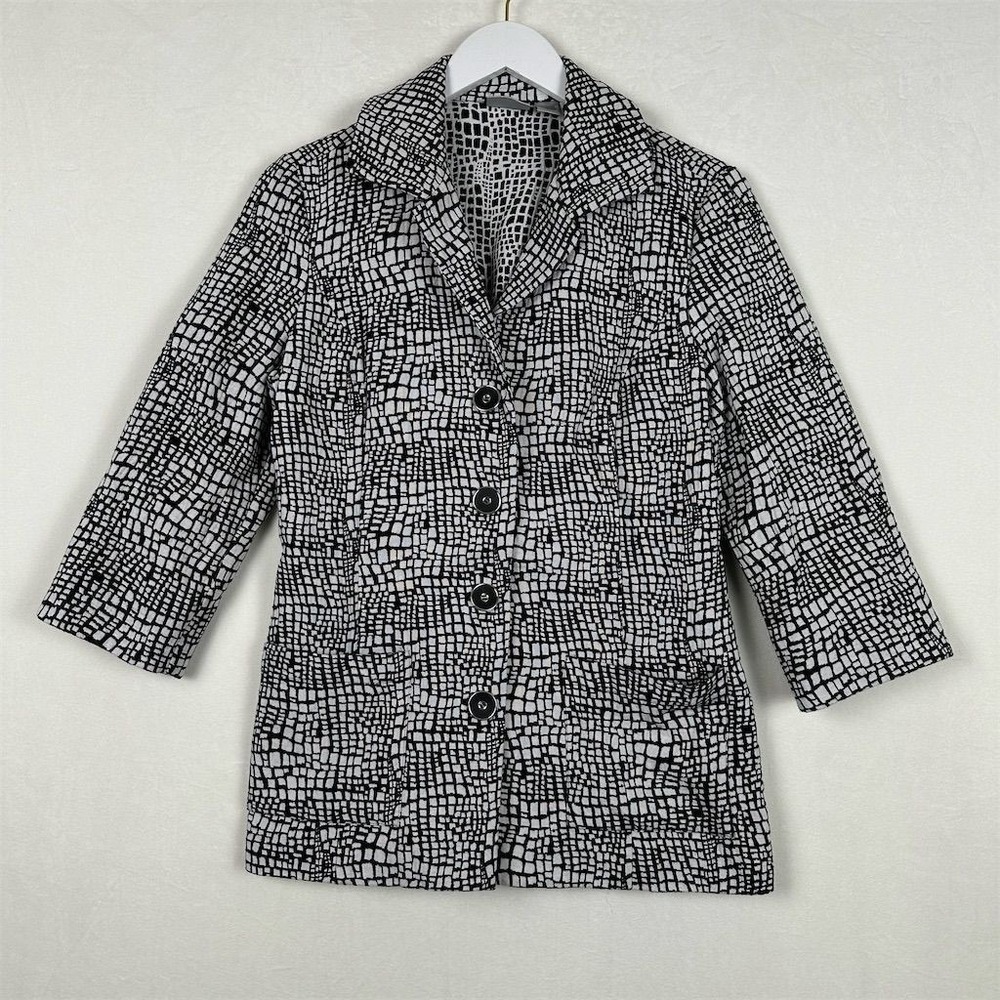 Chico's Blazer Womens 1 US 8 Black White Grid Print Button Up 3/4 Sleeve Jacket